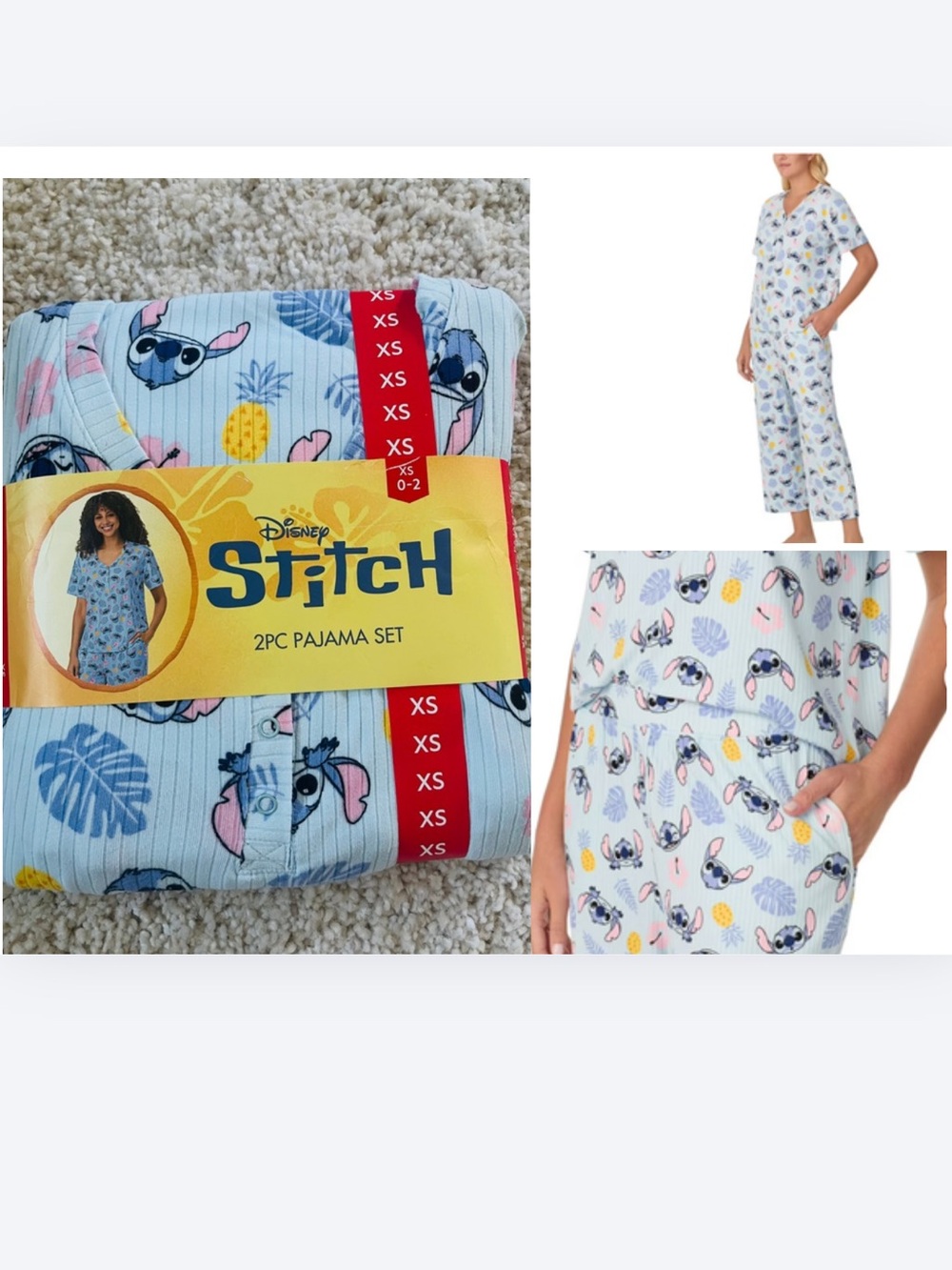 Disney Stitch Character Ladies 2-Piece Short Sleeve Henley and Crop Pant PJ Set